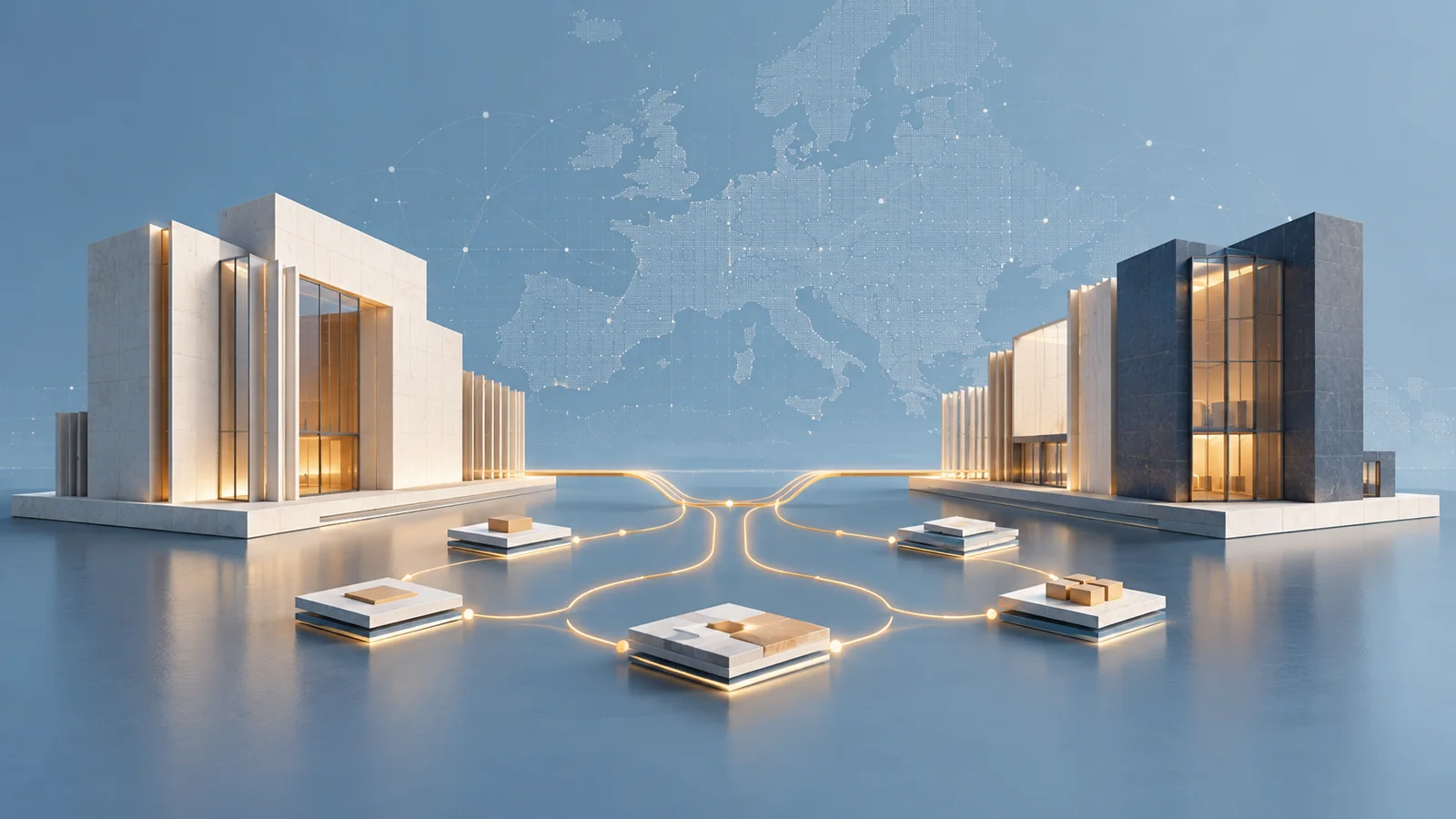 Abstract white and charcoal architectural forms connected by amber routes over modular tiles, with a faint map of Europe in the background.
