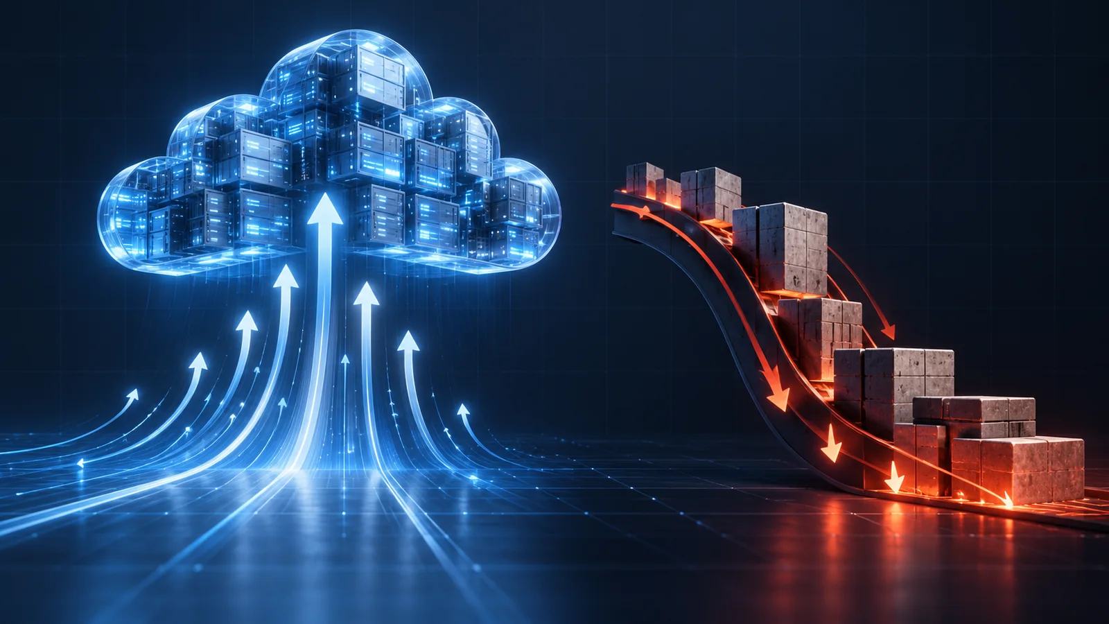 Conceptual illustration of a blue cloud-computing structure with upward arrows beside a separate red downward capital-outlay flow.