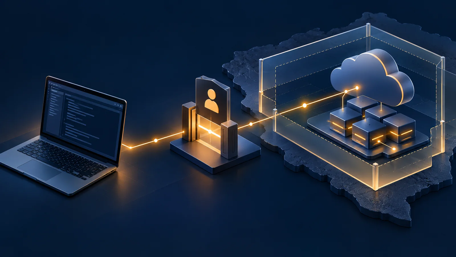 Conceptual illustration of a laptop sending a secured request through an identity gate to a cloud endpoint inside a bounded regional enclosure.