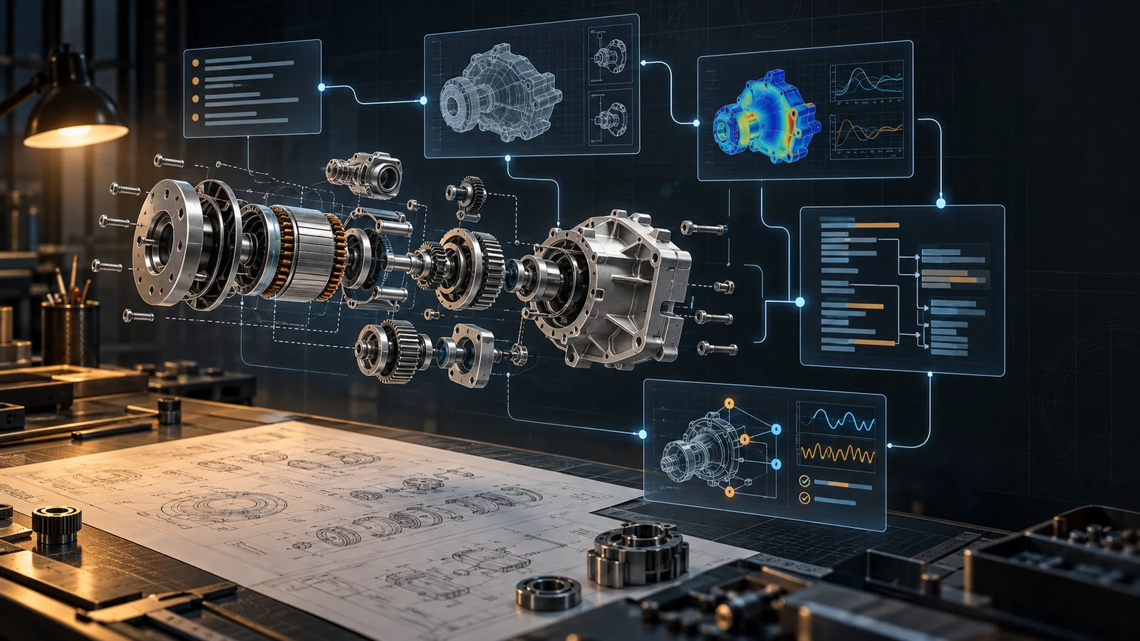 Conceptual illustration of an exploded mechanical assembly linked to technical diagrams, simulation views and abstract workflow panels.