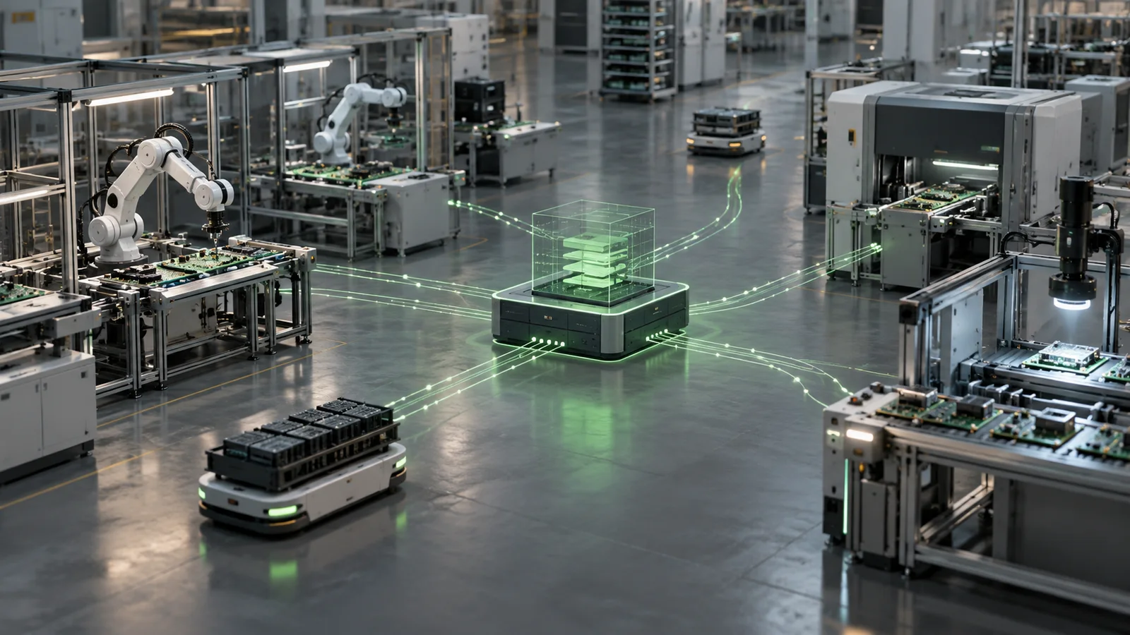 Conceptual electronics factory scene with robotic assembly stations, inspection equipment and a central operations node connected by green data paths.