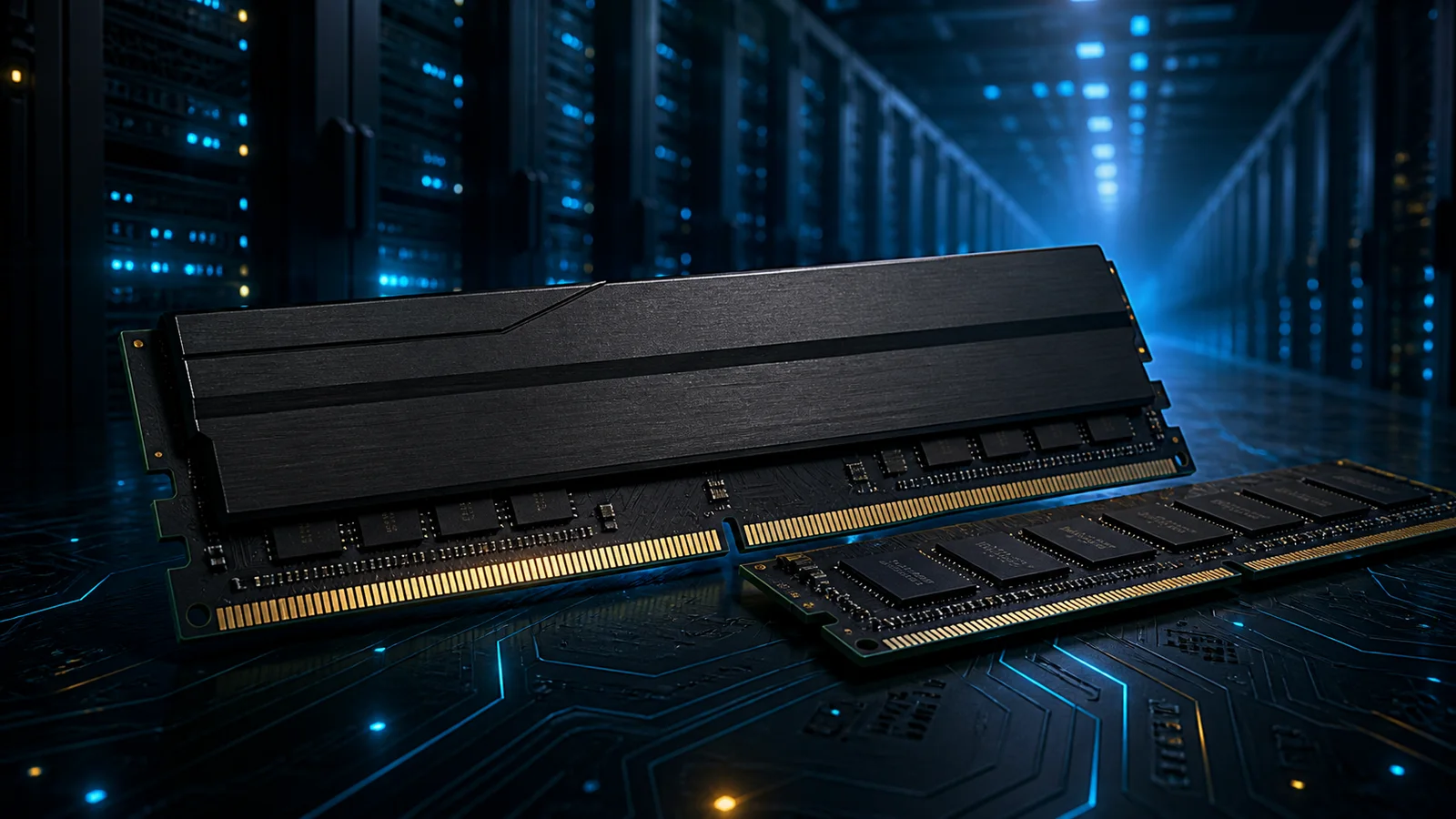 Unbranded server memory modules arranged in a blue-lit data center.