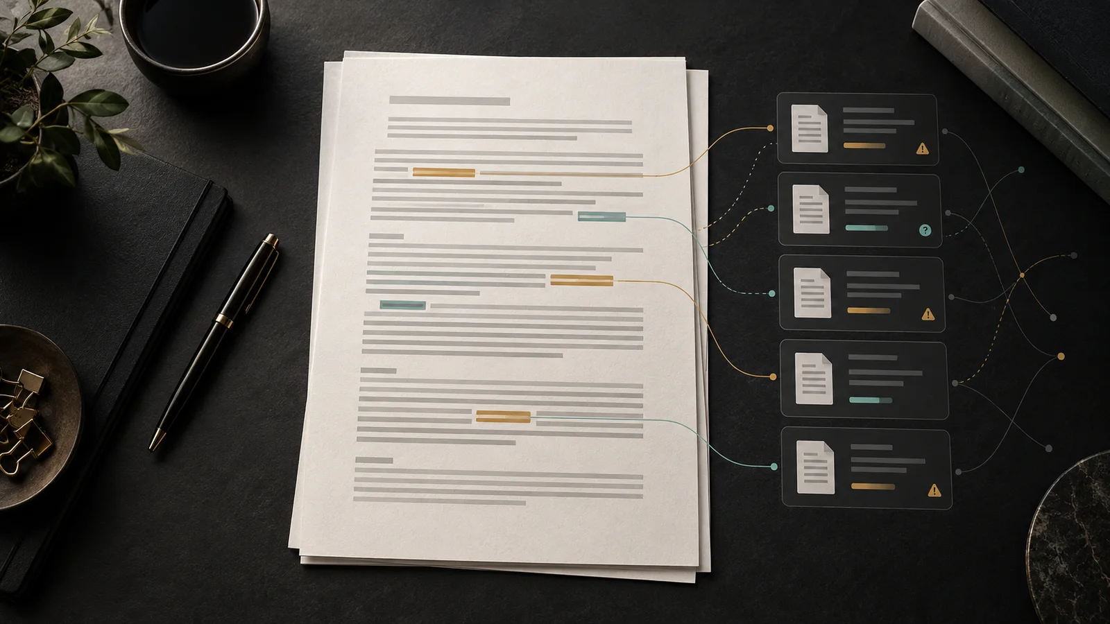 Conceptual overhead illustration of an anonymized draft agreement with colored review marks connected to source-reference cards on a dark desk.