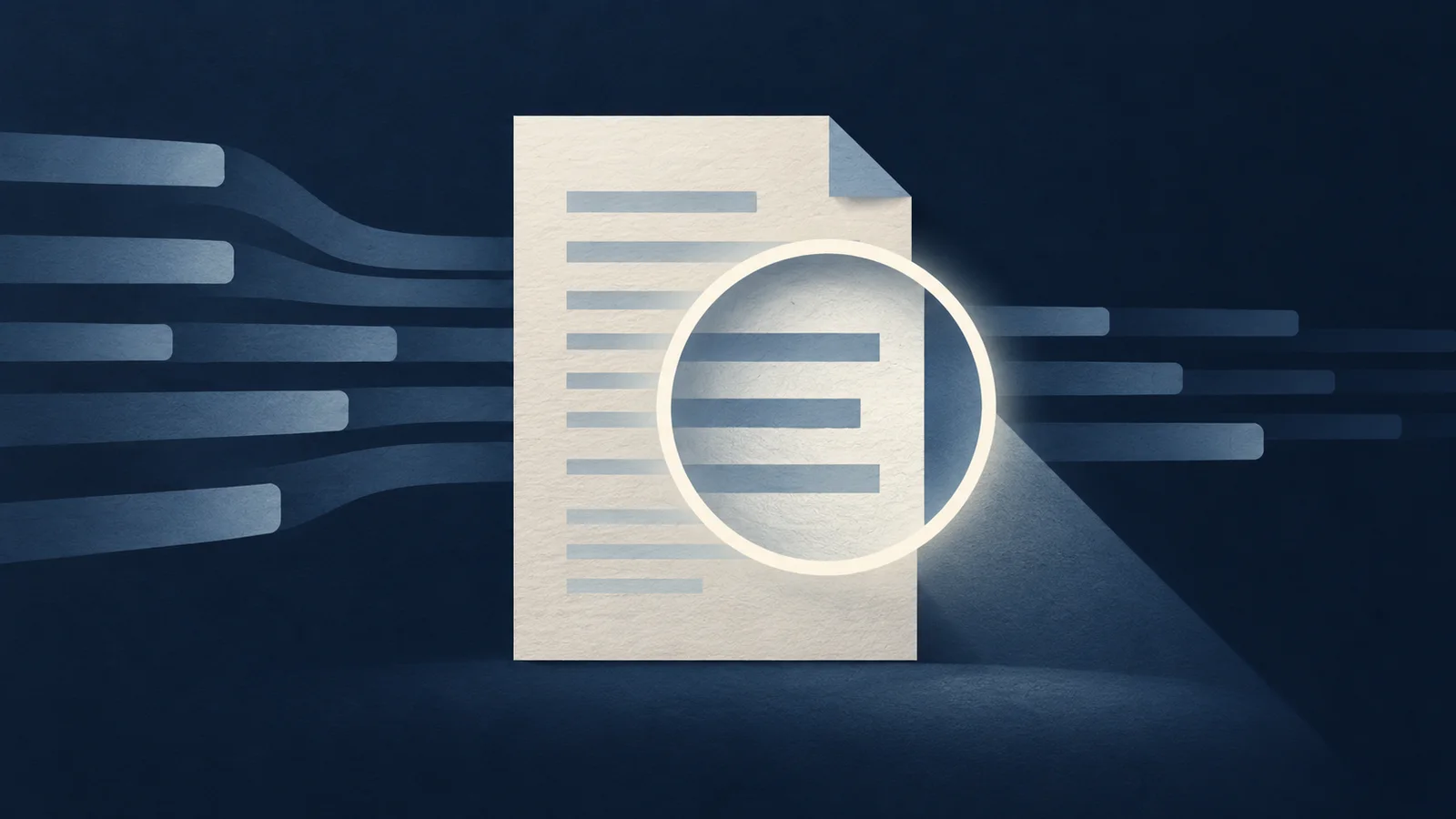 Abstract ivory document under a circular lens, with blue-gray information-flow bands on a dark navy background.
