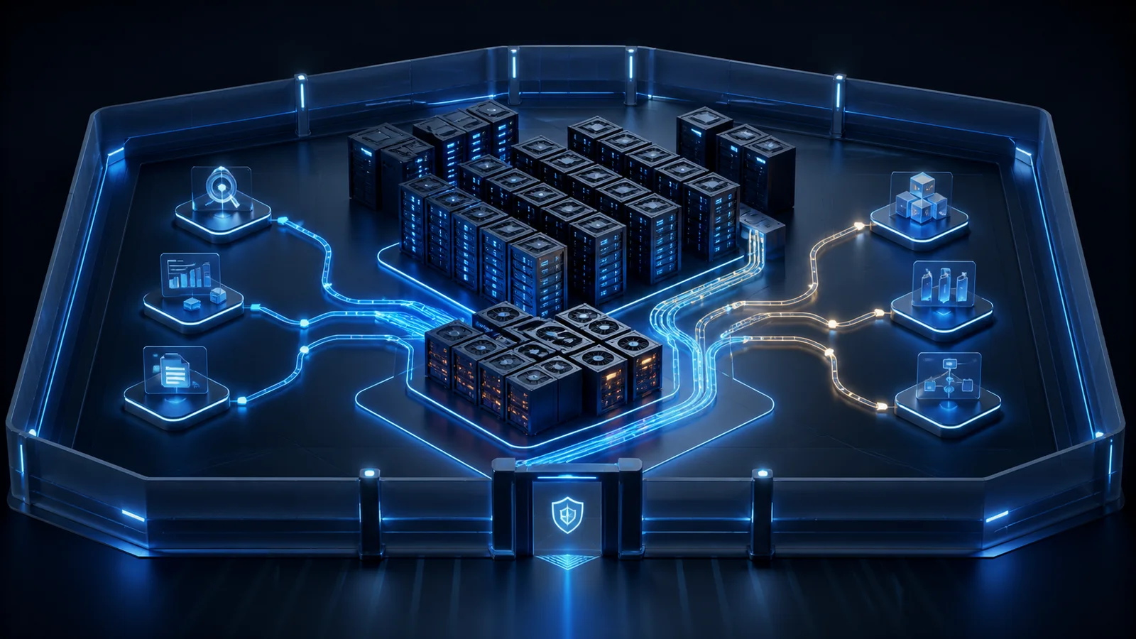 Abstract server racks and compute nodes connected to workflow endpoints inside a secured data center boundary.