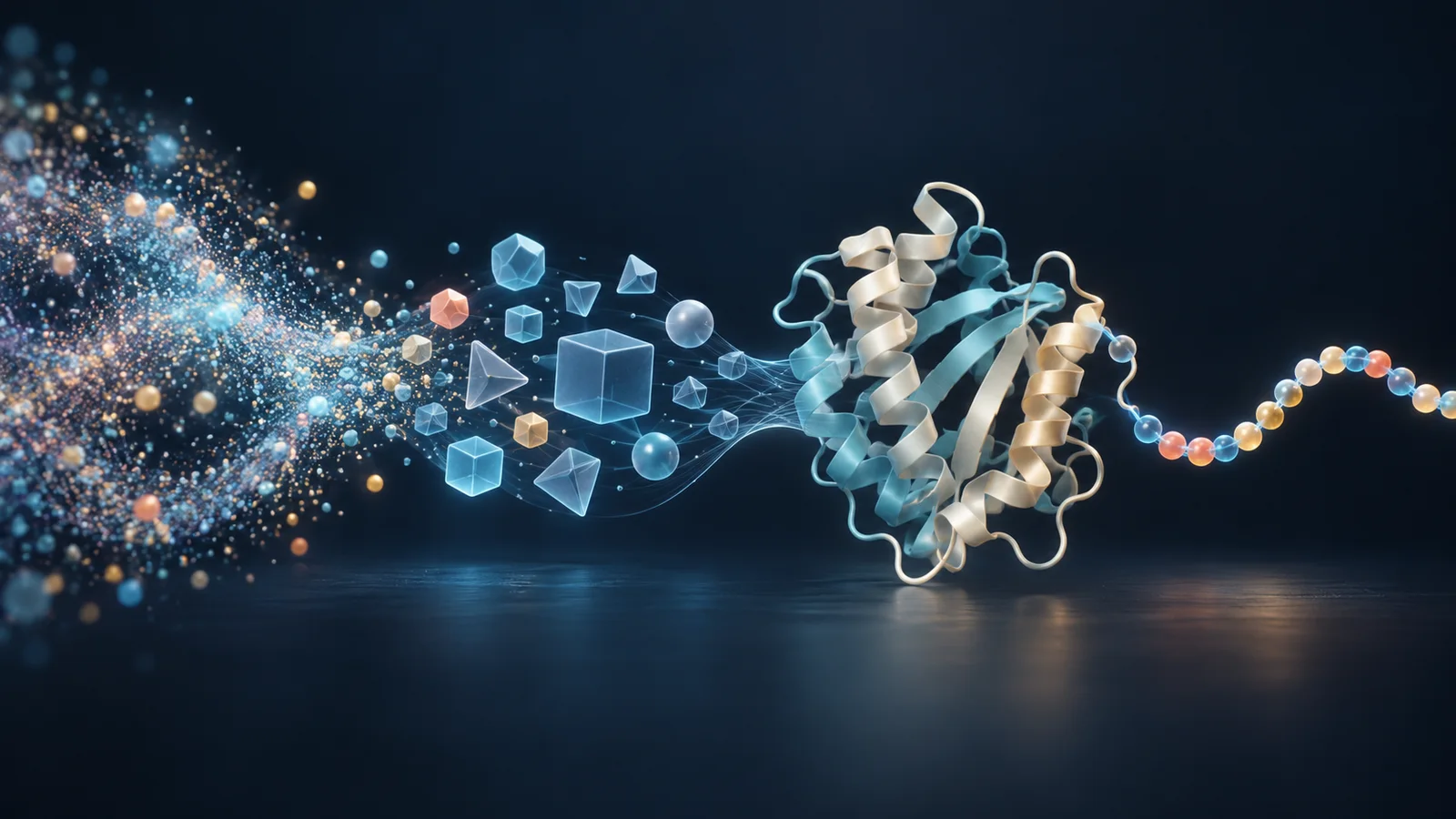 Conceptual illustration of abstract particles becoming blue geometric structural tokens, a folded protein ribbon and a bead-like amino-acid sequence on a dark blue background.