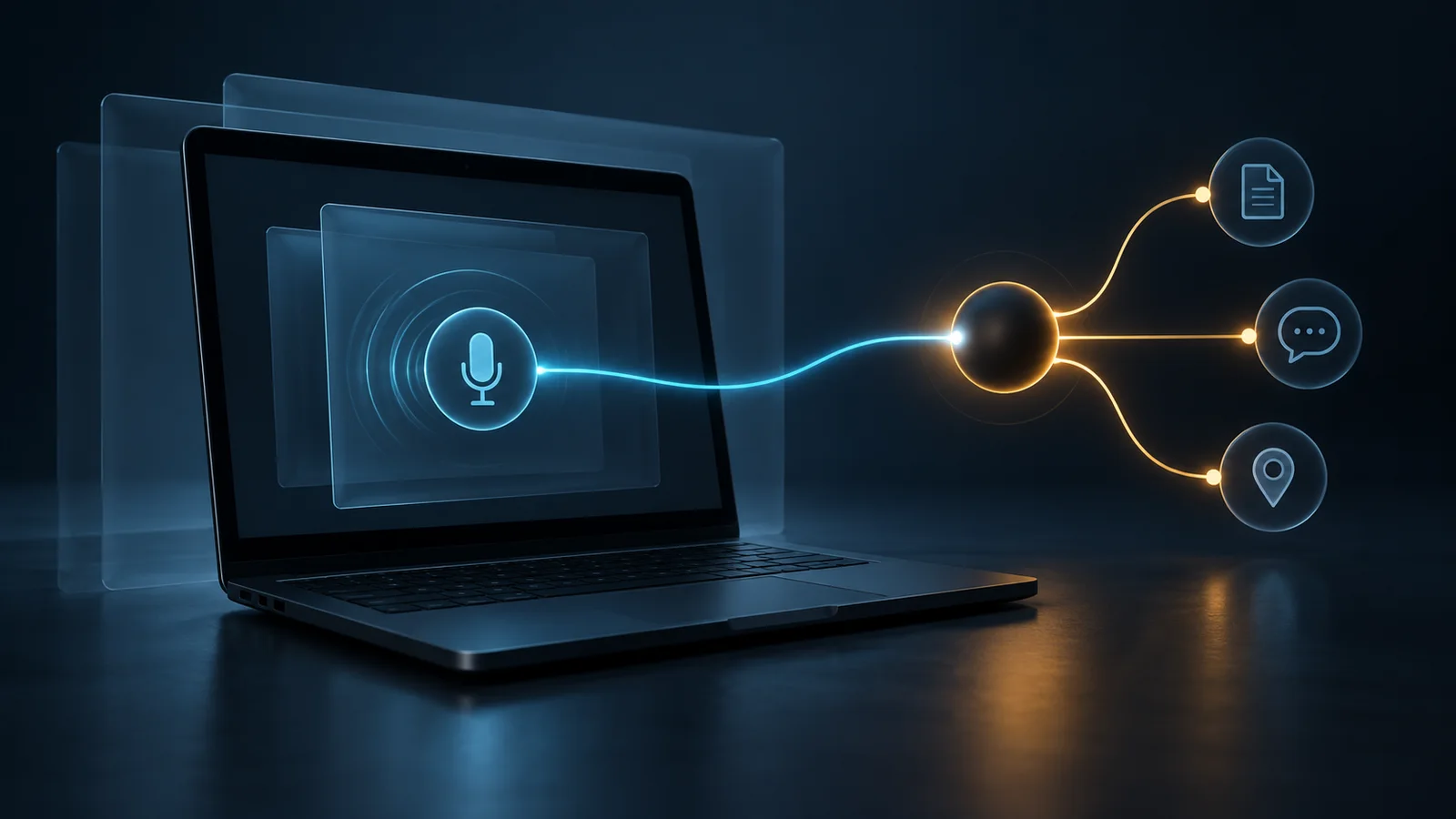 A dark laptop with a glowing microphone symbol sends a cyan signal into an amber junction that branches to three generic endpoint icons.