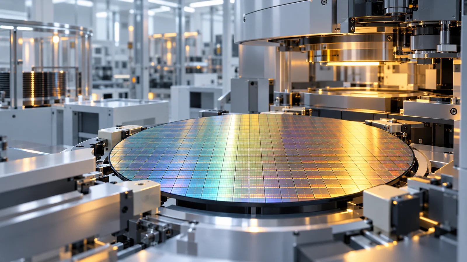 Conceptual view of a large semiconductor wafer on automated handling equipment inside a clean fabrication facility.