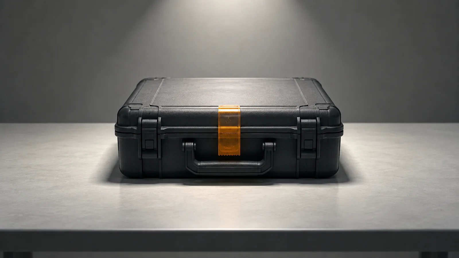 An unbranded black case secured by an amber safety seal on a pale inspection table.