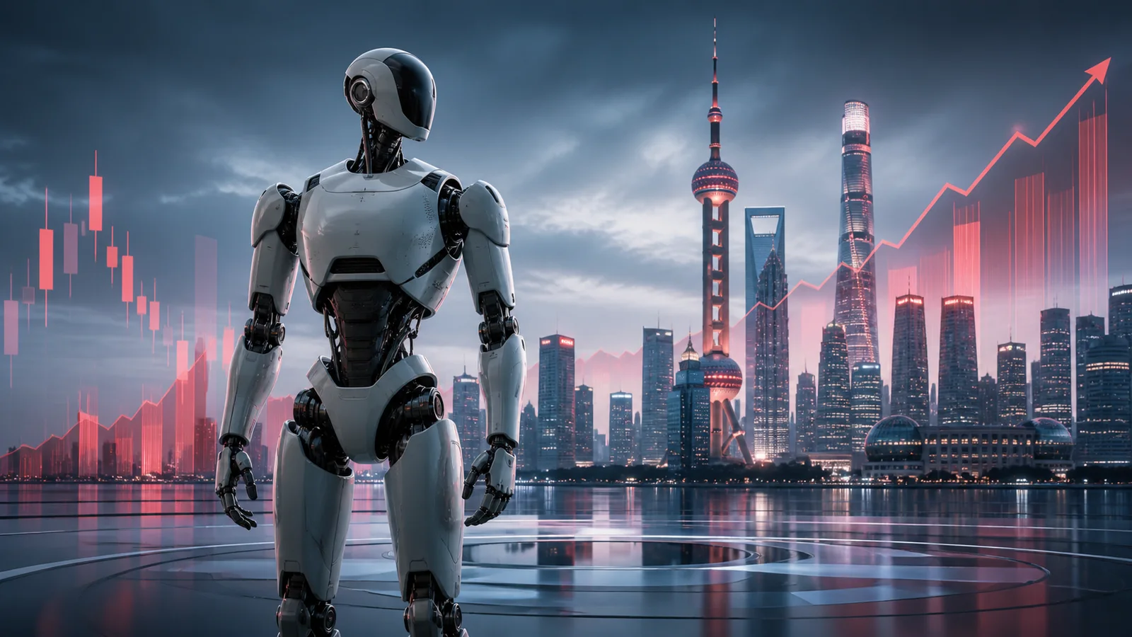 A non-branded white humanoid robot stands before Shanghai's skyline with red abstract candlestick bars and an upward line.