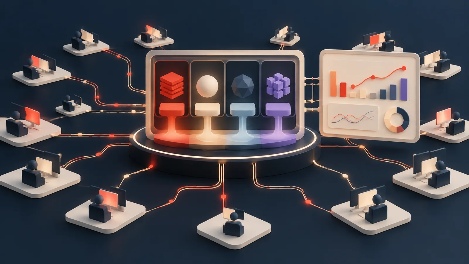 Conceptual illustration of employee workstations connected to a central model-access gateway, with model choices and a cost-and-usage dashboard.