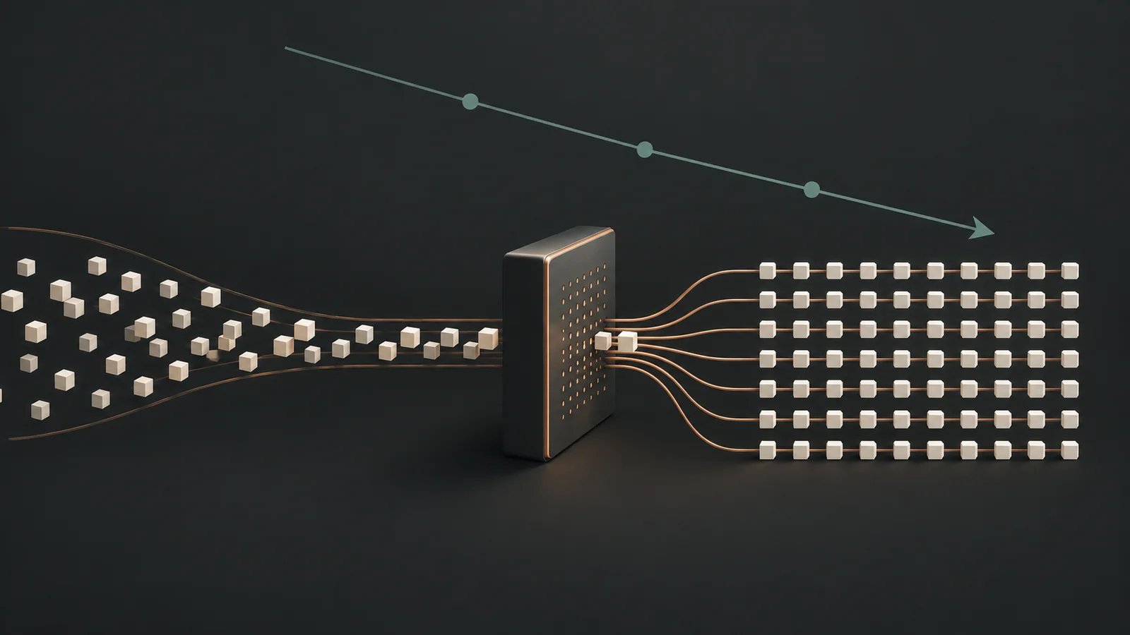 Conceptual illustration of data blocks flowing through a dark computation gate into an orderly grid, with a descending geometric line above.