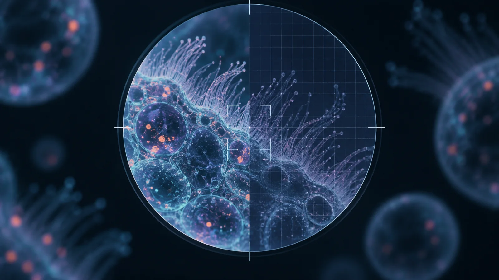 Generated conceptual illustration of translucent microscopy-like cells and cilia-like filaments inside a circular inspection field with a subtle grid.