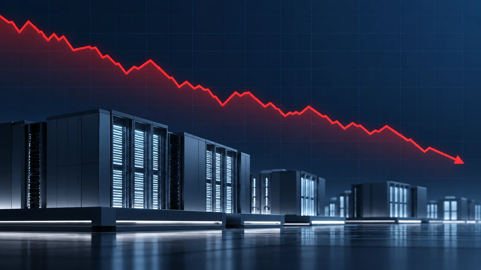 A red falling market line runs above stylized blue-lit compute cabinets on a dark financial grid.