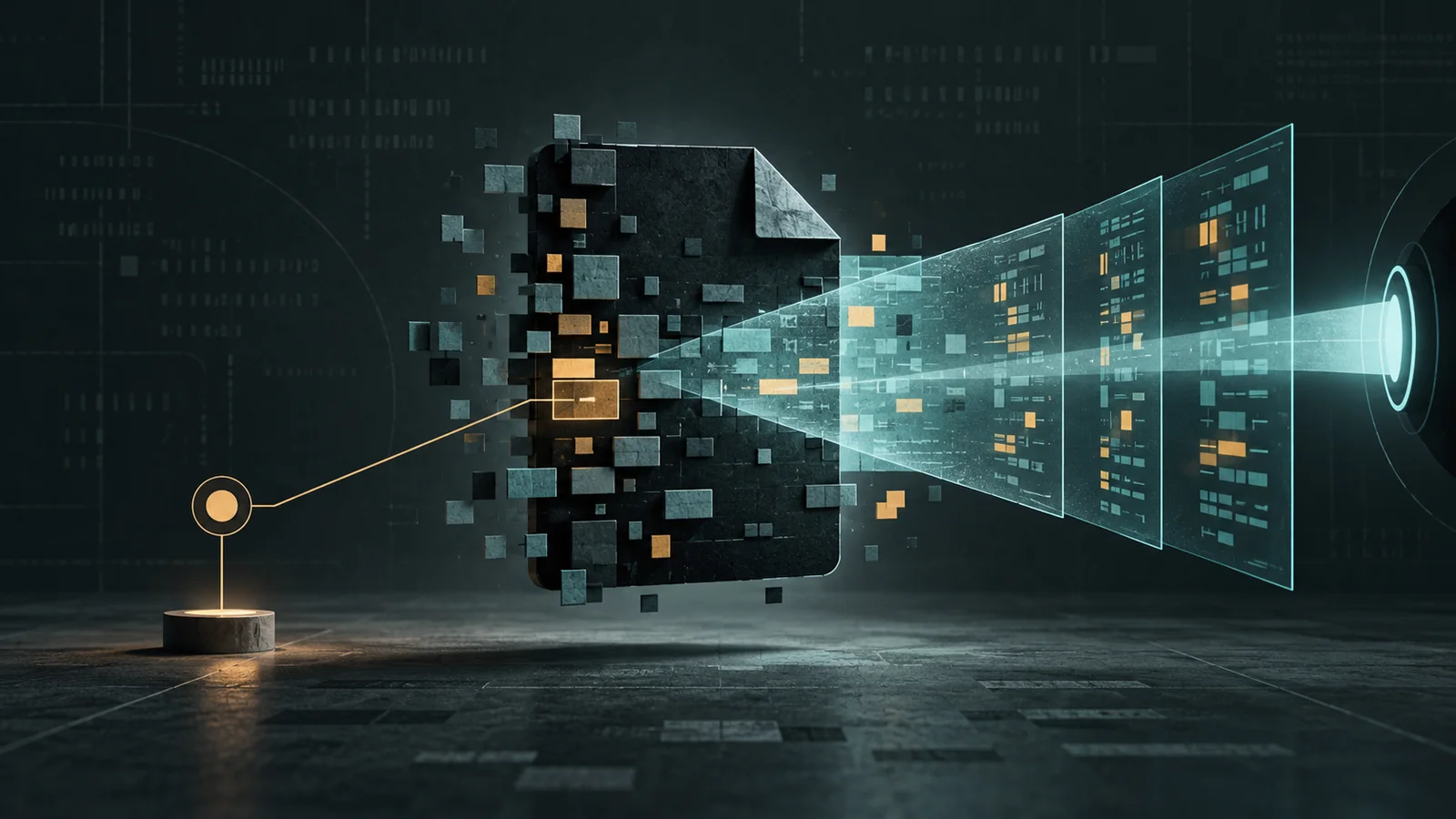Conceptual illustration of a dark executable-file shape breaking into geometric fragments under a teal analytical beam, with a small amber review marker.