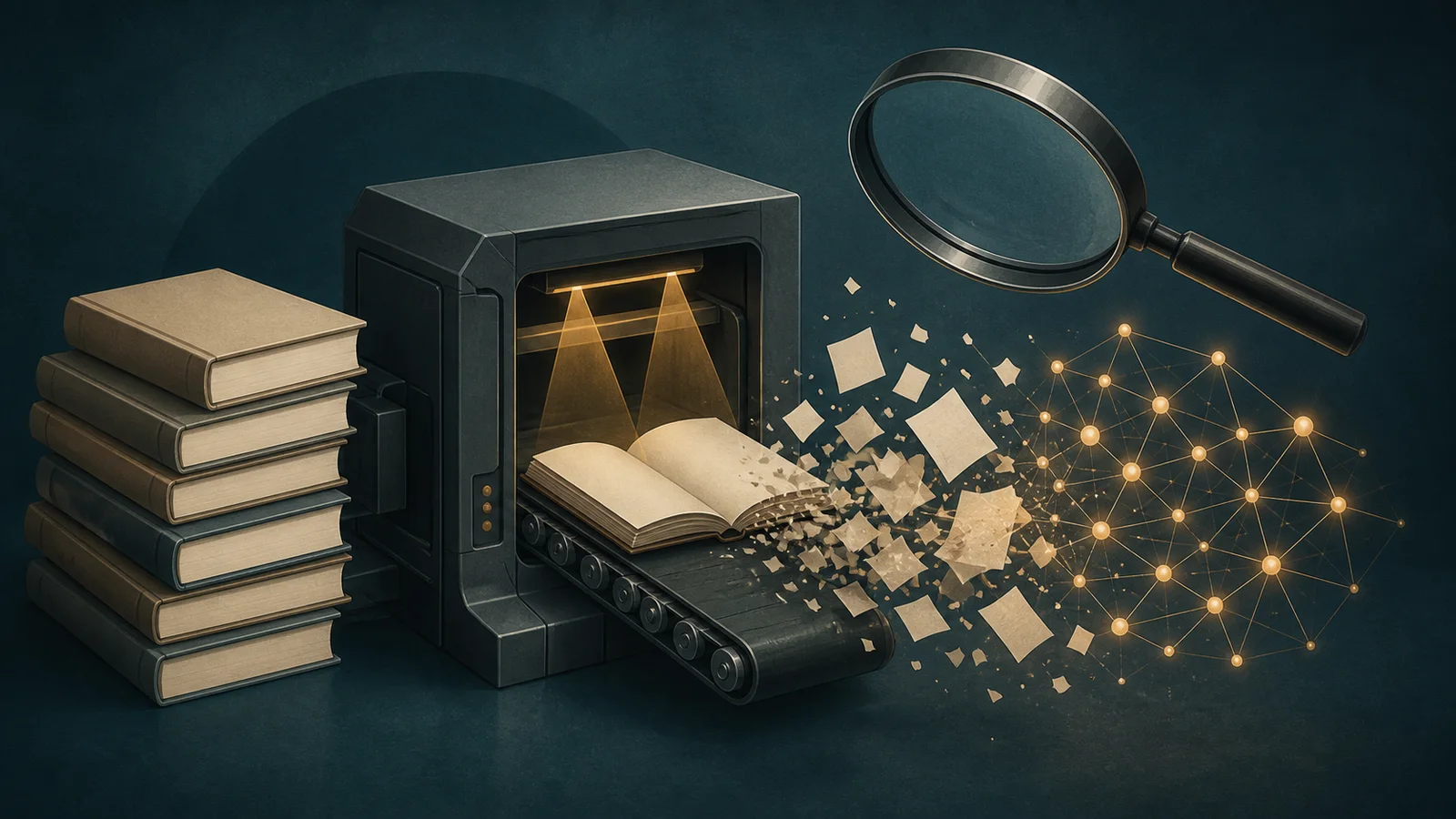 Blank hardcover books feed through an unbranded scanning machine as loose paper fragments become a network of glowing data nodes beneath a magnifying glass.
