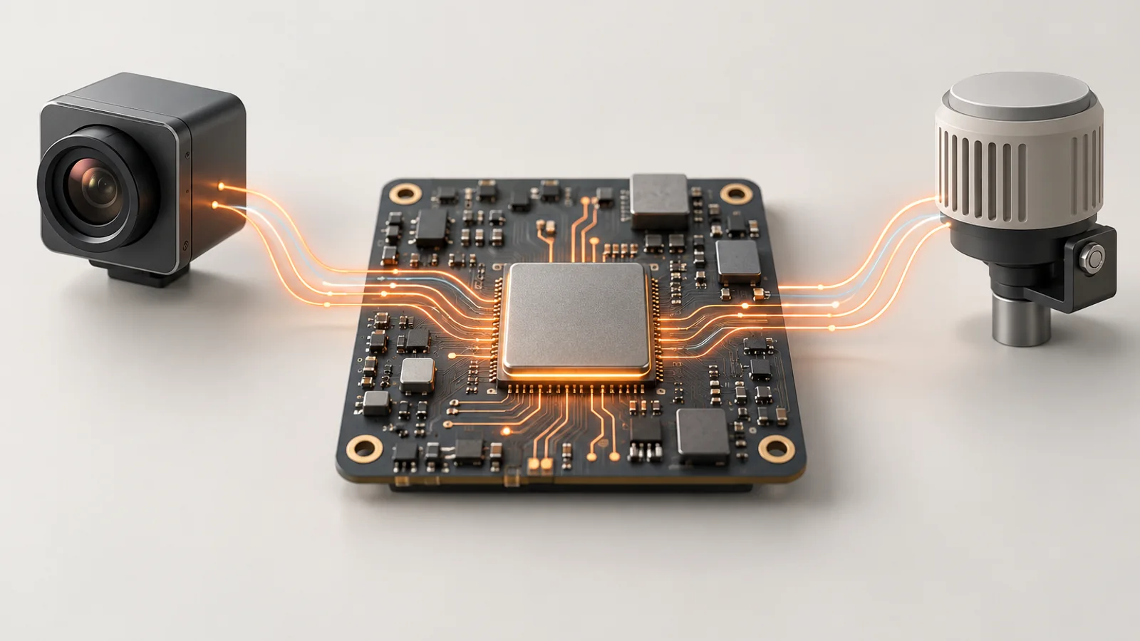 Conceptual illustration of an edge AI circuit board and central processing chip linked to a compact camera and industrial sensor.