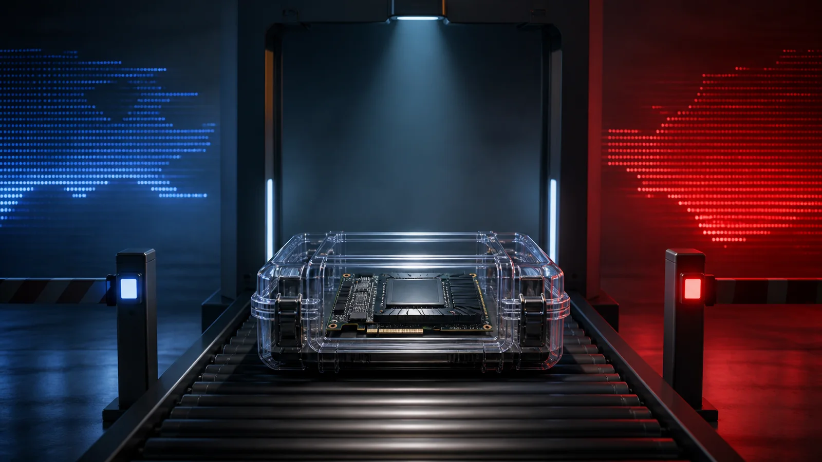 Editorial illustration of one unbranded AI accelerator secured in a transparent transit case at a controlled inspection checkpoint, between blue and red geographic light patterns