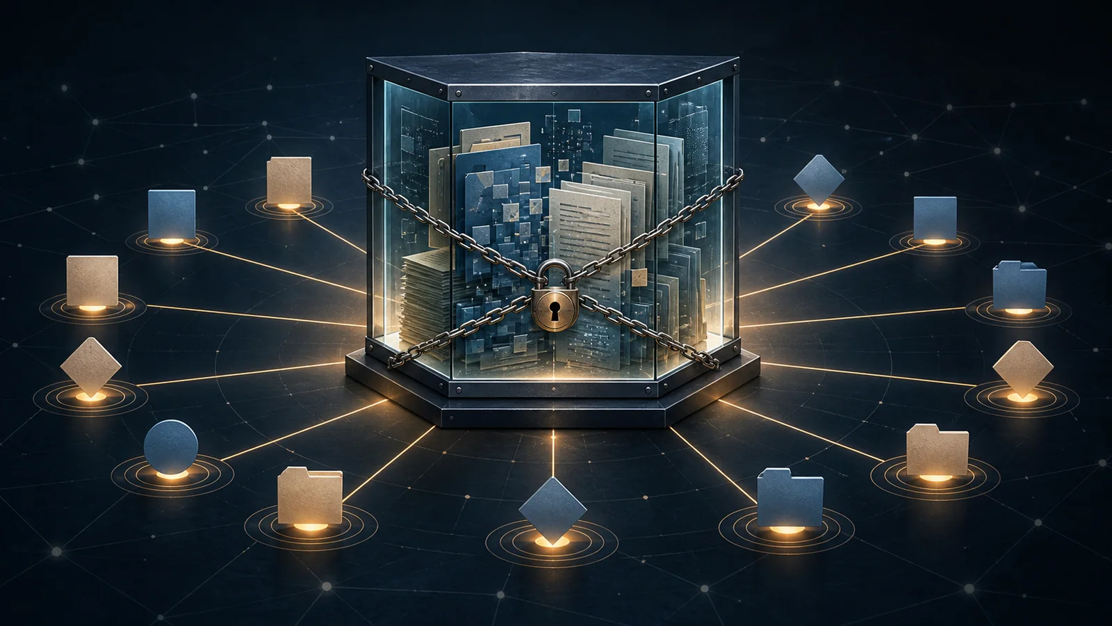 Illustration of paper records secured inside a locked glass archive connected to surrounding document markers.
