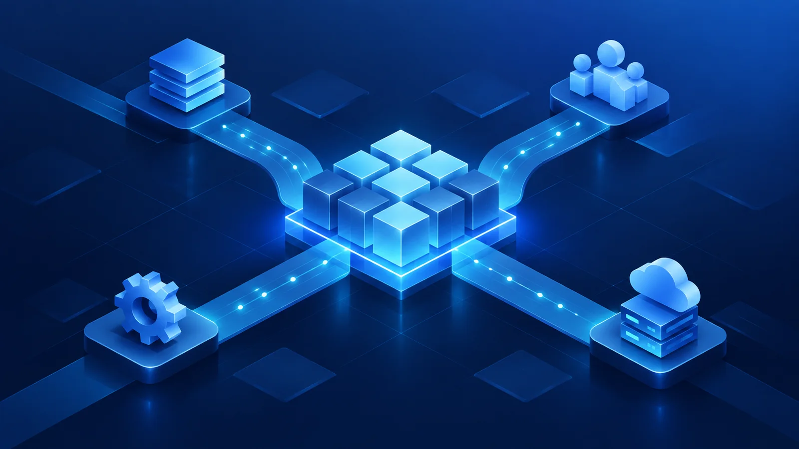 Abstract blue modular network with a central grid connected to server, gear, cloud and user-symbol nodes.