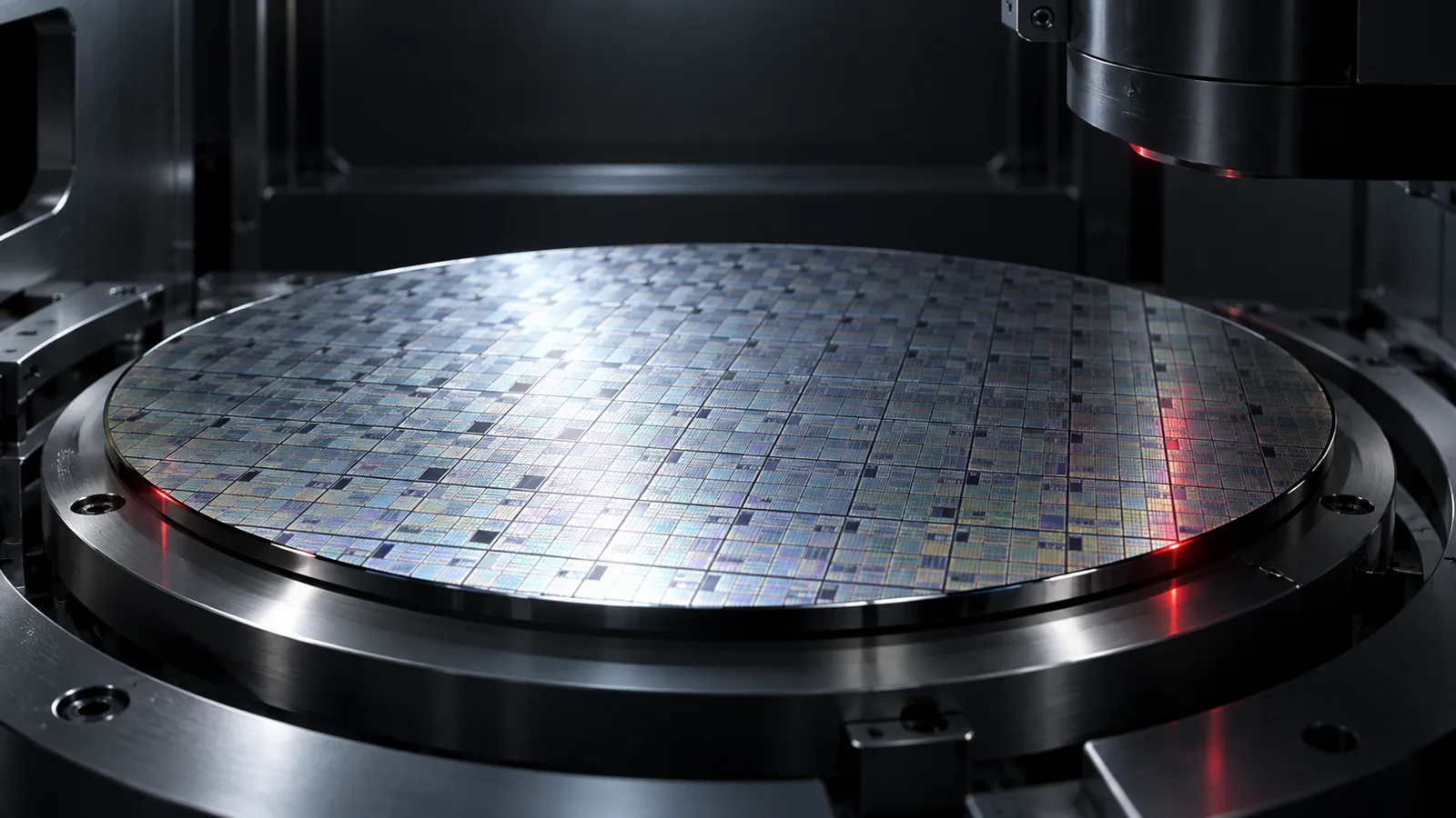 A silicon wafer with fine circuit patterns resting in a dark semiconductor manufacturing chamber, lit by cool white and subtle red reflections.