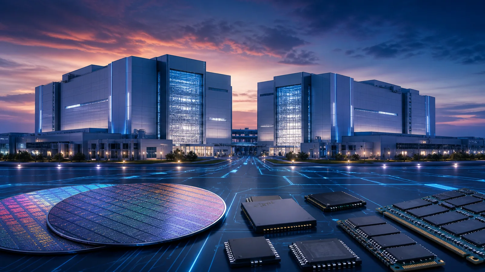 Conceptual illustration of two semiconductor fabrication plants behind silicon wafers and unbranded memory-chip modules