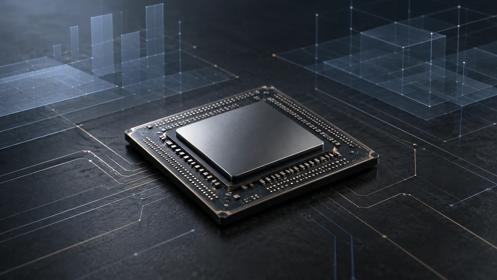 Conceptual illustration of an unbranded AI chip on a dark technical surface with an abstract planning grid.