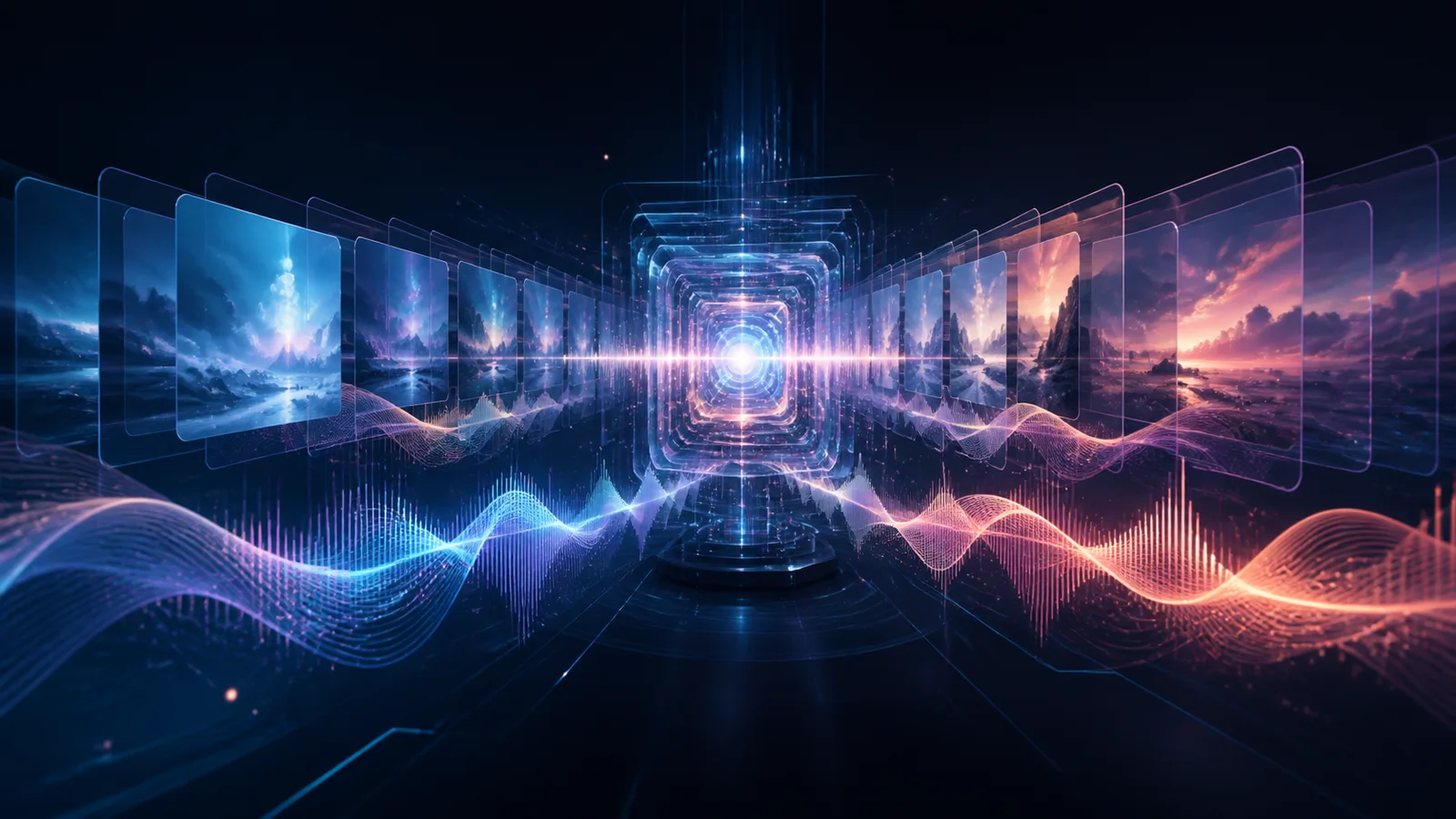 Luminous video-frame sequences and intertwined audio waveforms converge on a central generative source.