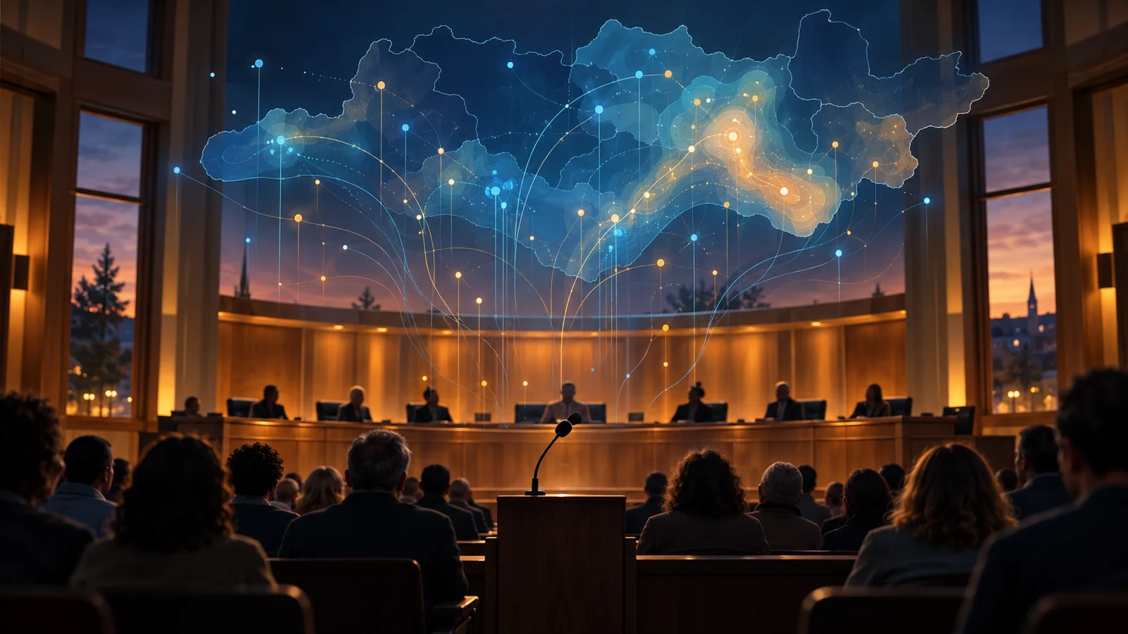 Conceptual illustration of a local public meeting, with a microphone and council dais beneath an abstract map-like network of civic data points.
