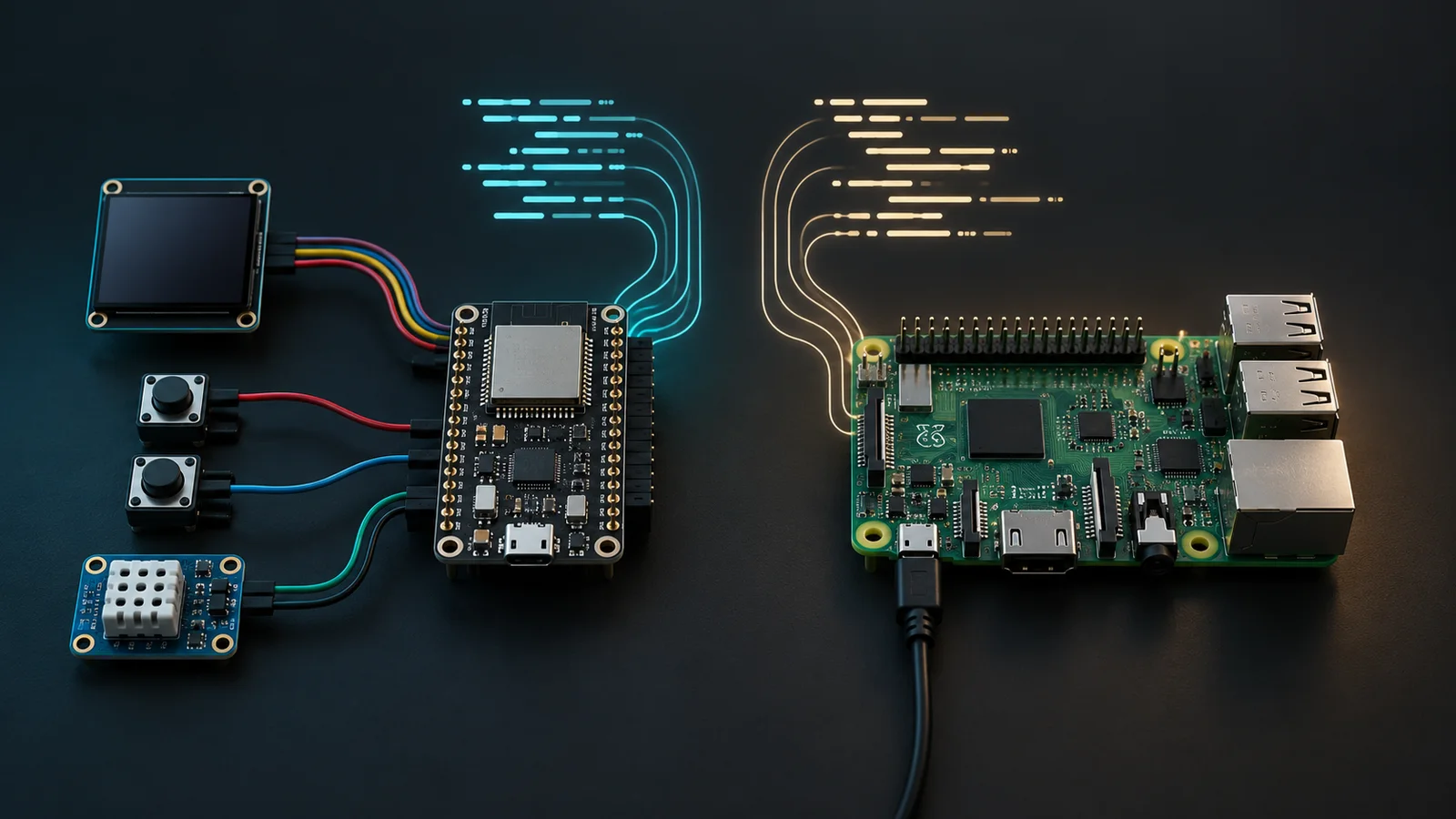 Generated editorial illustration of a microcontroller board with a display, buttons and sensor beside a Linux single-board computer.