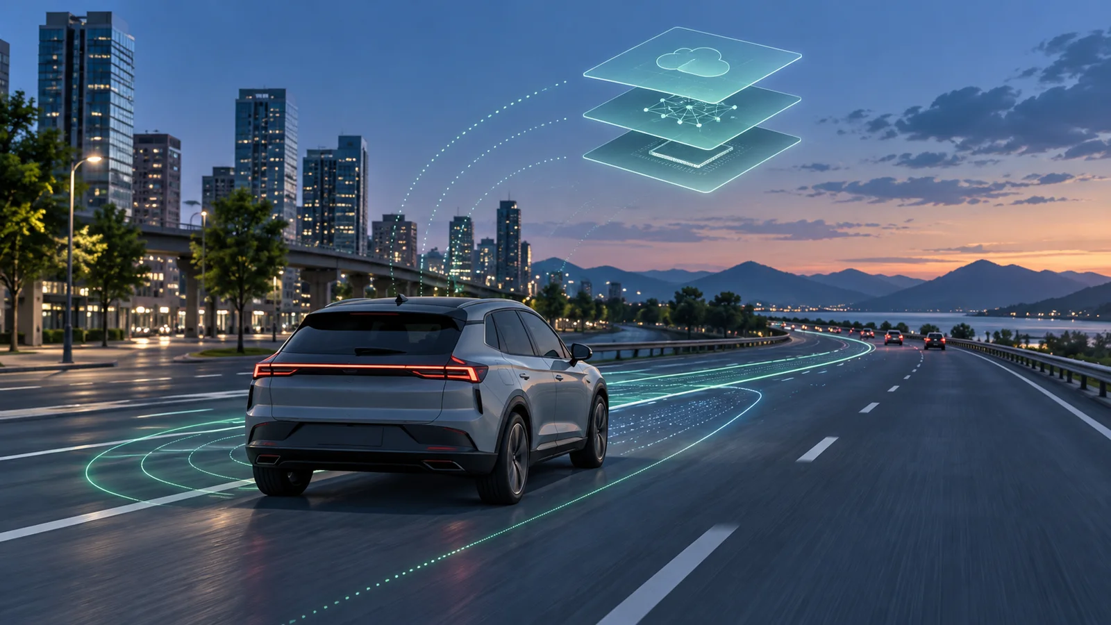Conceptual illustration of a generic electric car on a road from a city toward open highway, with subtle green route lines and layered computing symbols overhead.
