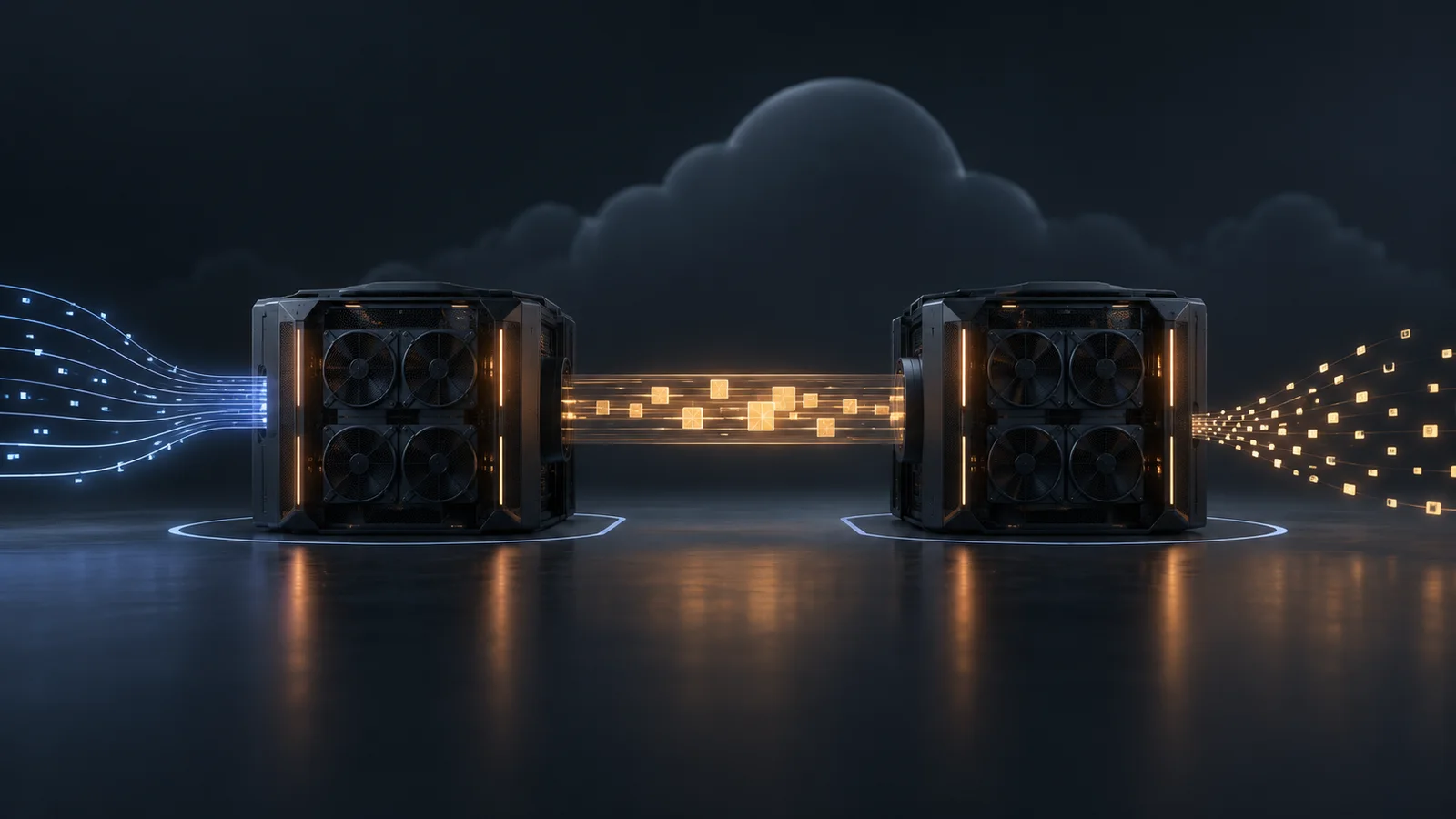 Two unbranded GPU compute nodes linked by a glowing cache-transfer path, with prompt data entering on the left and token-like data leaving on the right.