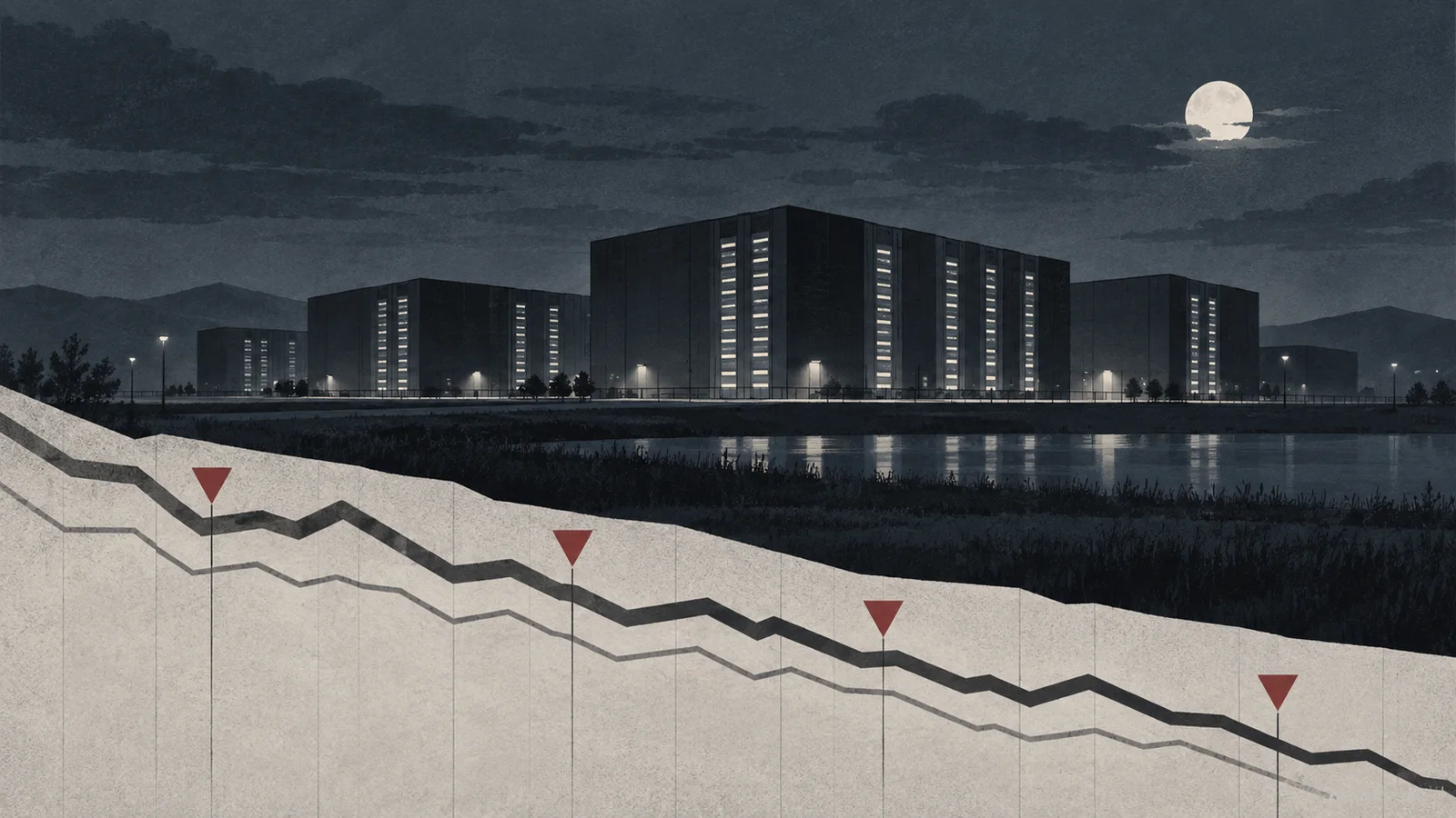 Conceptual nighttime data-center campus above unlabeled descending bond-price lines.