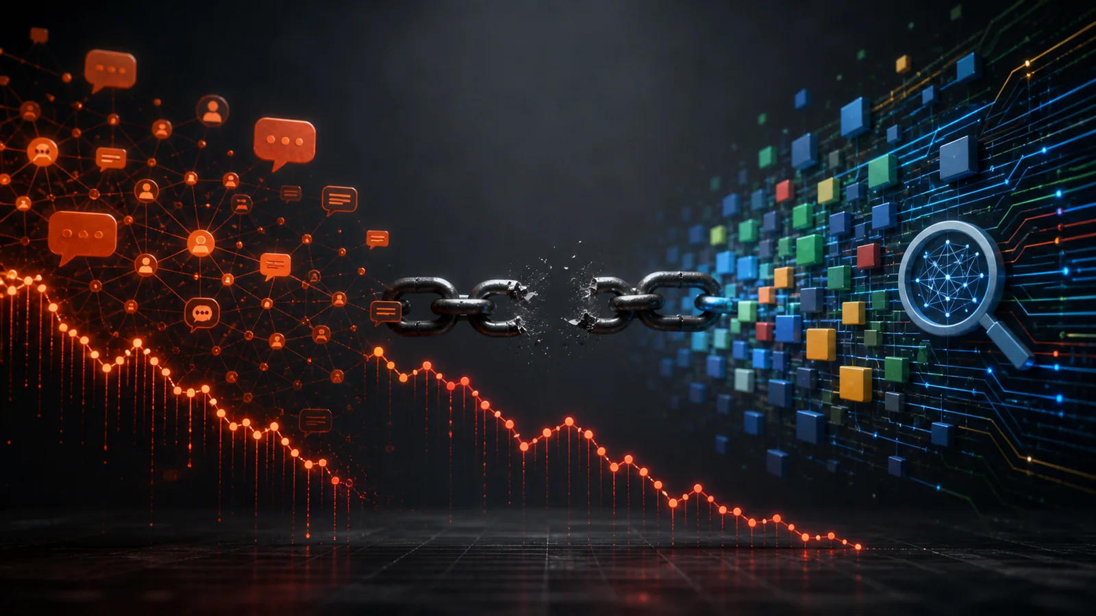 An abstract conversation network and AI data grid connected by a breaking chain above a descending market line.