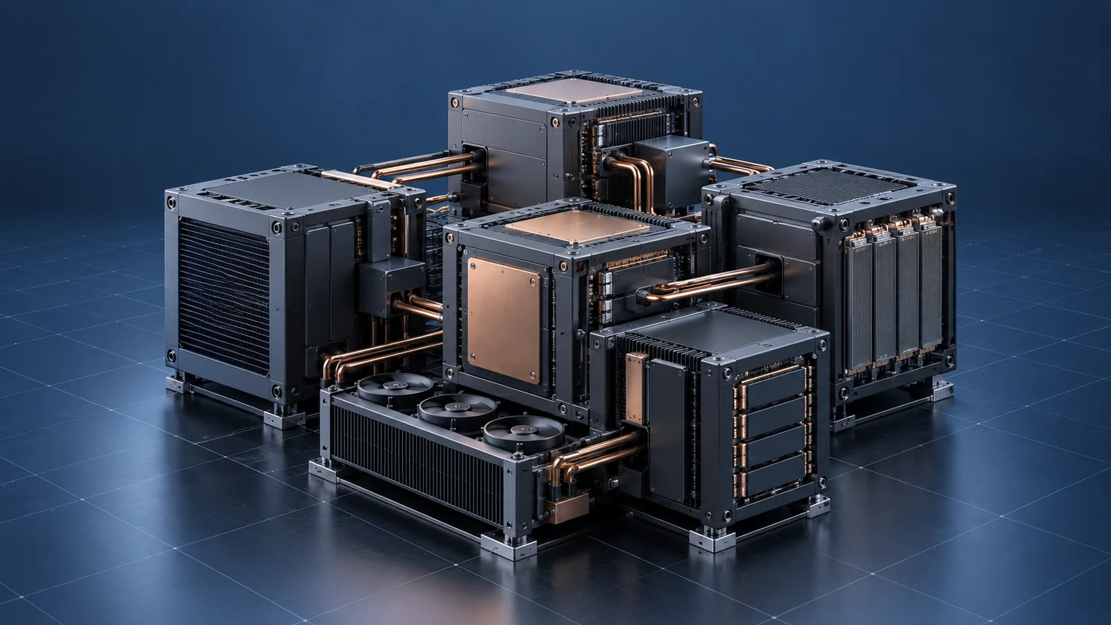 Conceptual unbranded cluster of dark modular compute units with copper cooling plates and interconnects on a blue technical grid.