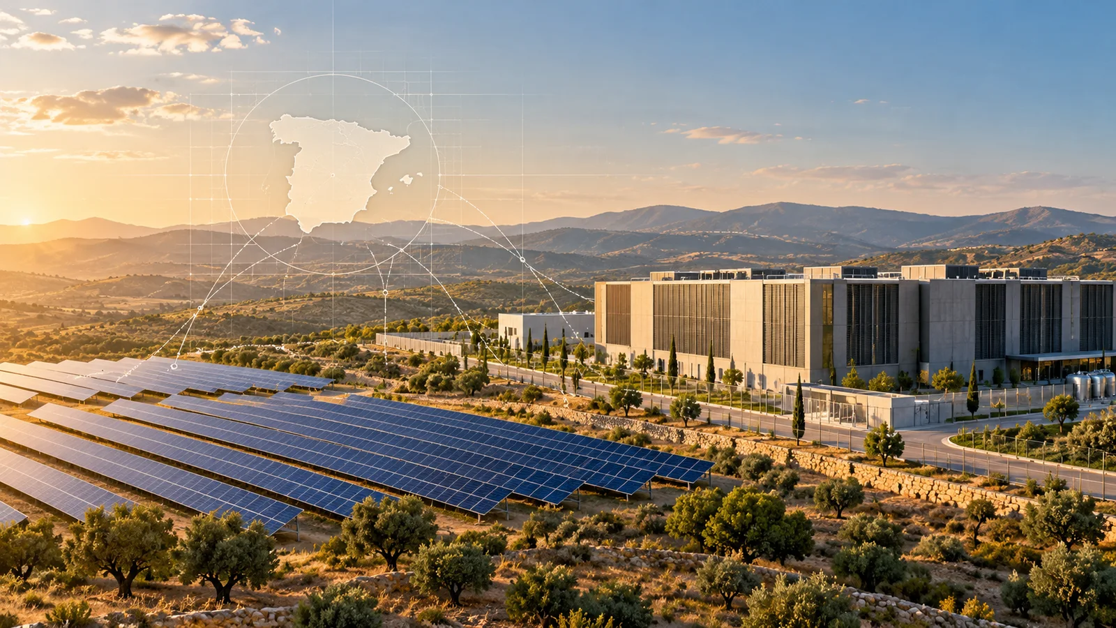 Conceptual illustration of solar panels beside a modern data-center exterior in a Spanish landscape, with a subtle map of Spain and planning-grid overlay.