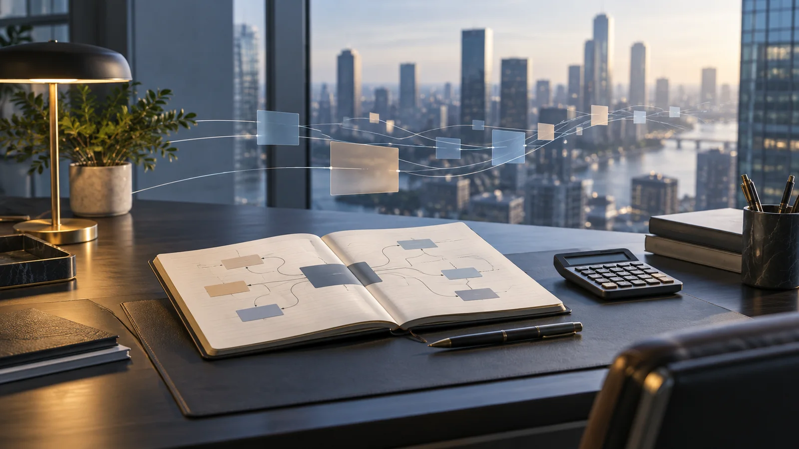 An unbranded executive desk with a notebook diagram, calculator and abstract data flows against a city-office view.