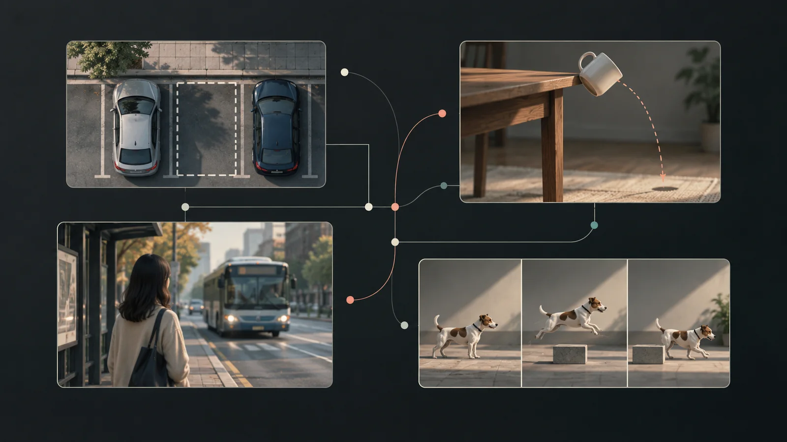 Editorial illustration with four connected visual scenes: cars and a parking space, a falling cup, a person facing an arriving bus, and a dog moving through three sequential frames.