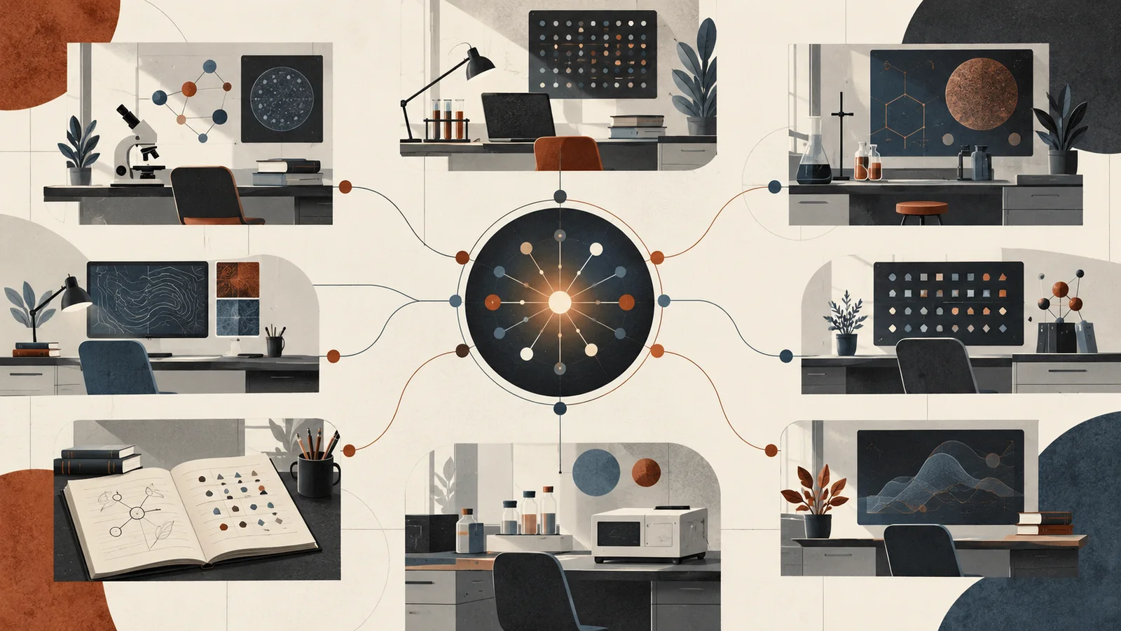 Editorial illustration of connected science workspaces around a central research-tool access hub, with laboratory instruments, notebooks and abstract data panels.