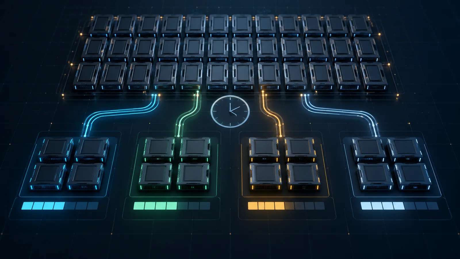 Conceptual illustration of GPU allocation: a grid of processing tiles feeds four color-coded budget lanes around a clock motif.