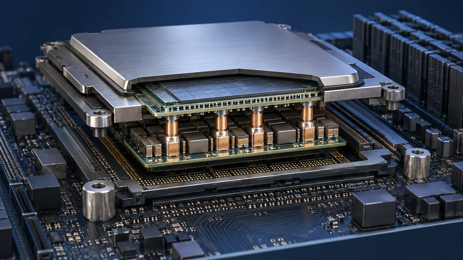 Conceptual cutaway of a processor package above a compact power-conversion layer on a server motherboard.