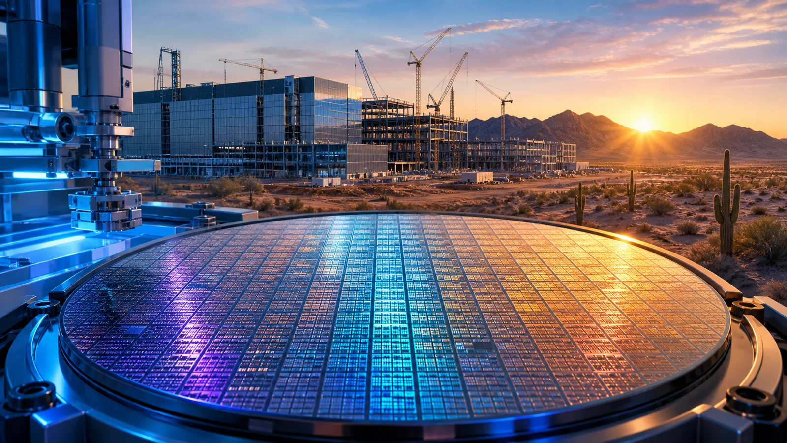 A silicon wafer in front of semiconductor fabrication buildings under construction in an Arizona desert landscape.