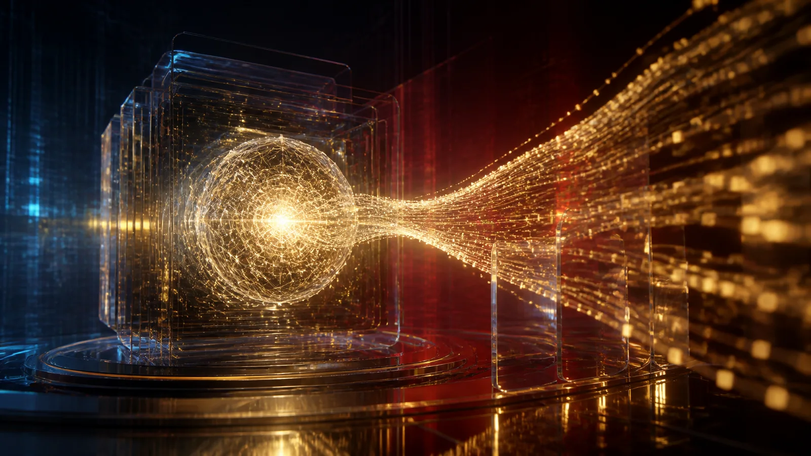 A glowing neural-network sphere receives streams of golden particles through layered transparent structures.