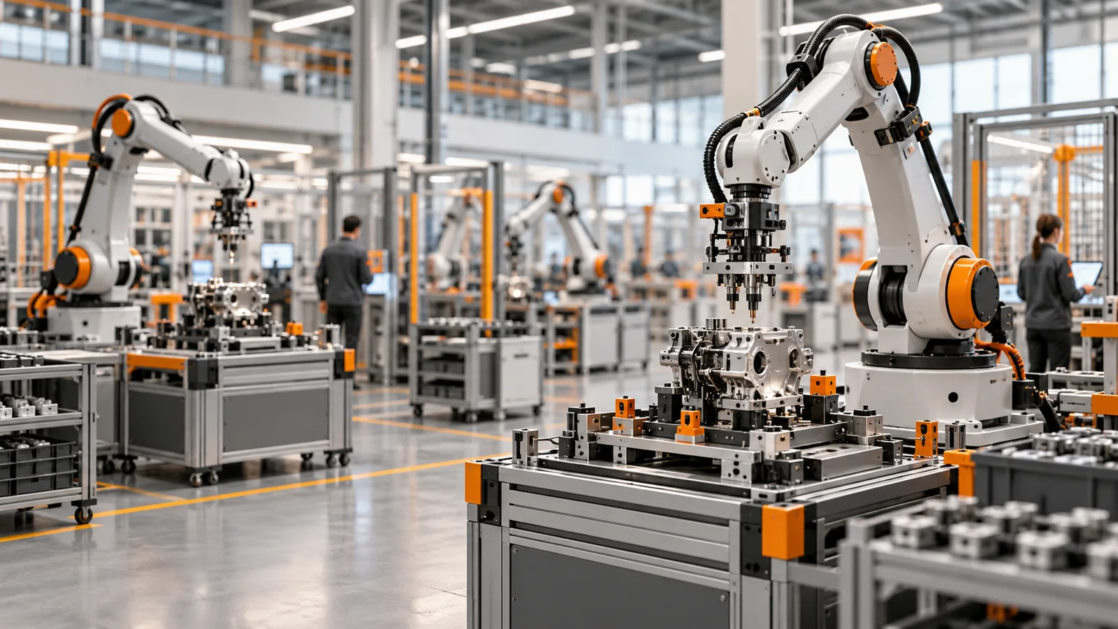 Conceptual illustration of modular robotic arms assembling generic hardware in a modern factory.