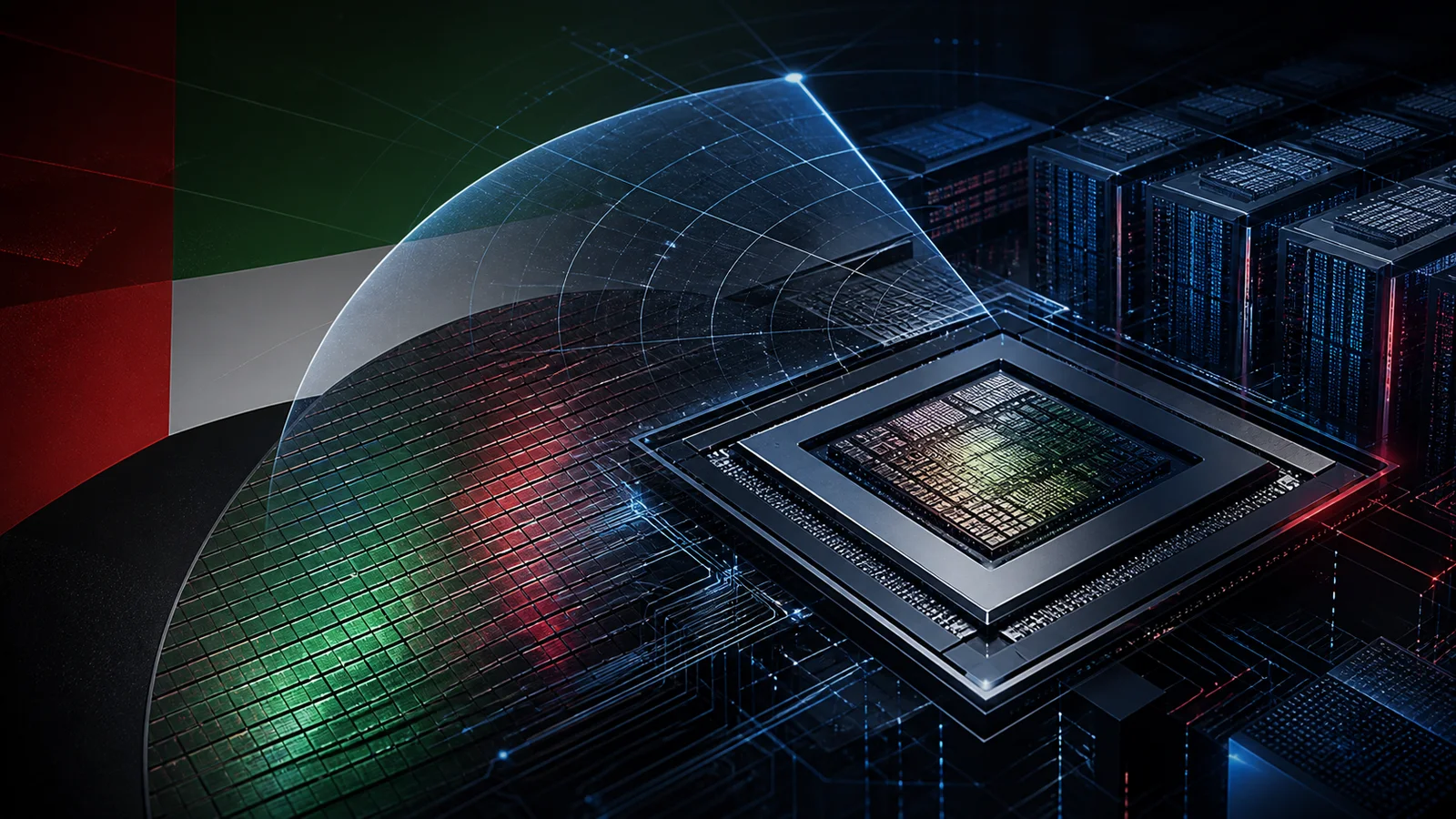 An illustrated processor, semiconductor wafer, and server racks beneath an abstract surveillance scan, accented with UAE-inspired colors