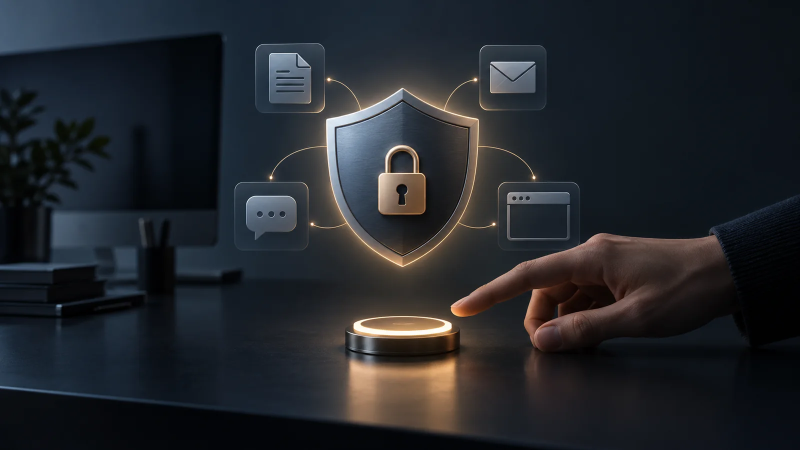 Editorial illustration of a privacy shield and padlock linked to document, mail, message and browser symbols as a hand approaches an approval control.