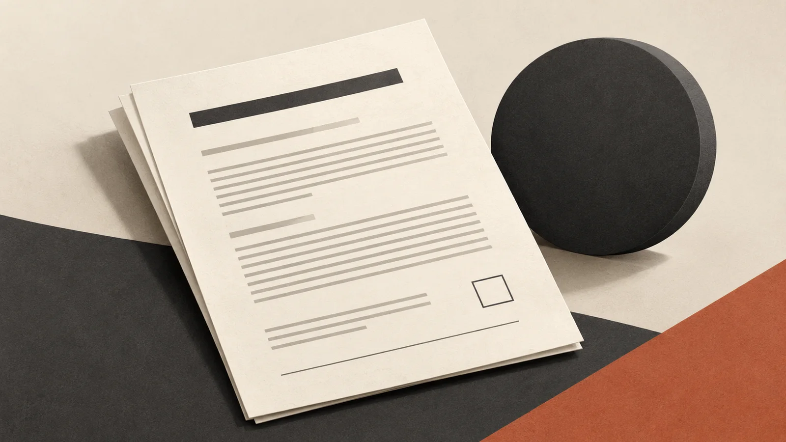Conceptual illustration of a generic filing document beside a dark circular form.
