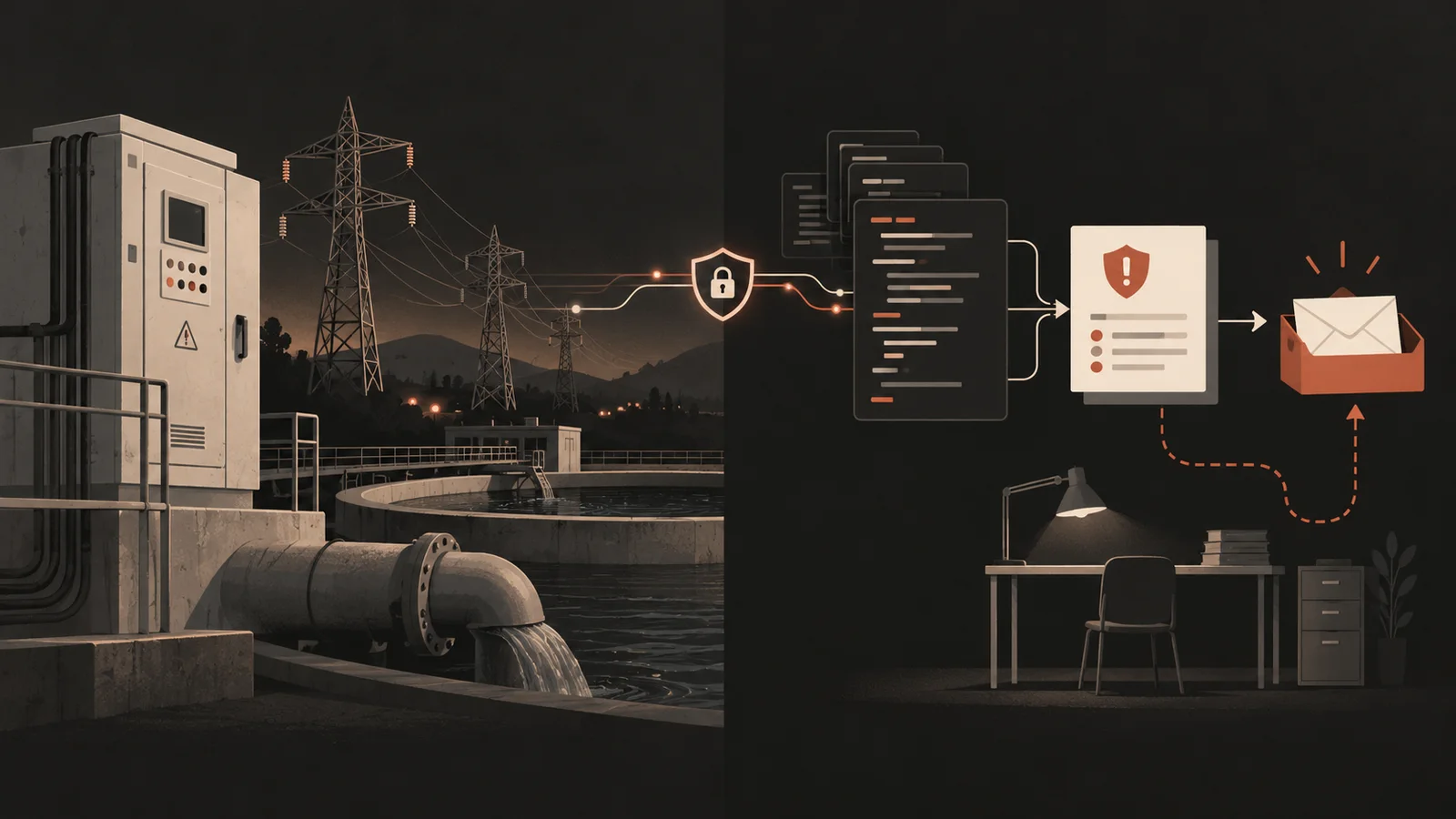 Editorial illustration of an industrial control cabinet, power lines and water pipe beside model-generated vulnerability reports routed around an empty review desk to an inbox.
