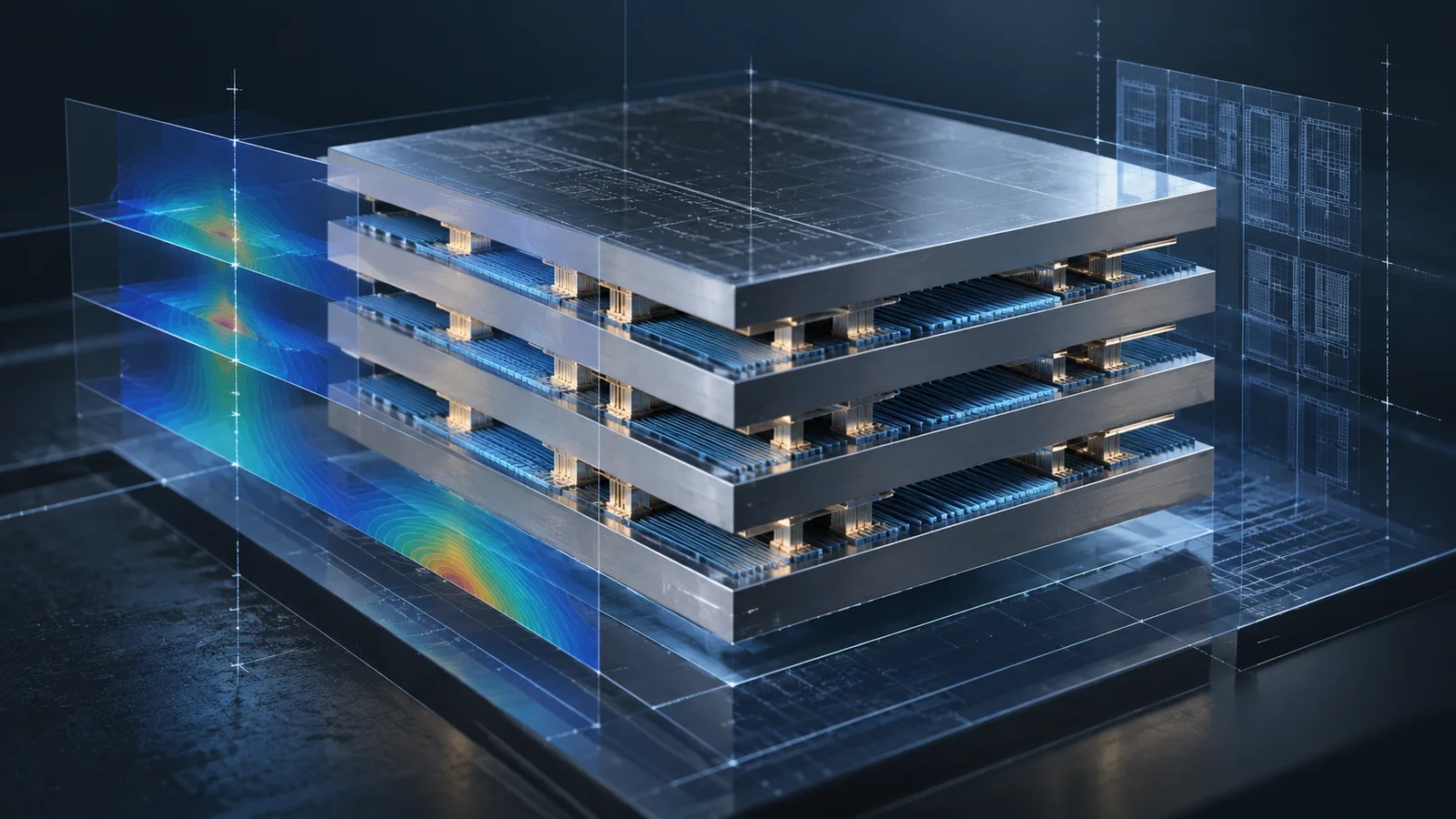 Conceptual illustration of stacked silver semiconductor layers with blue channel arrays, translucent simulation contours and alignment grids.