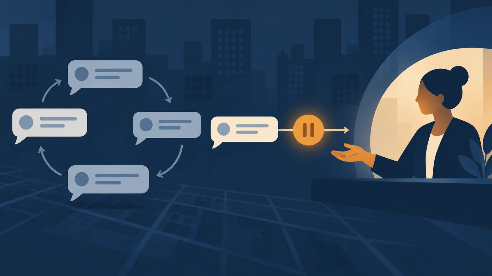 Editorial illustration of chat messages cycling through an automated loop before a paused pathway leads to a human customer-service responder.